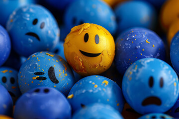 Fototapeta na wymiar A yellow smiling berry shines in a heap of blue peers, radiating positivity and uniqueness.
