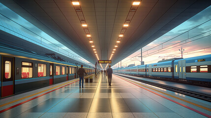Platform Of A Modern Railway Station With High Speed Trains Arriving On Time 