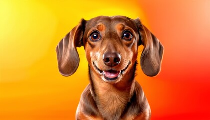   A Dachshund dog looks up at the camera with a smile on its face, set against an orange and yellow background