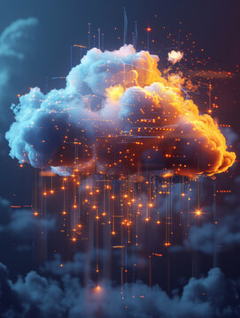 A cloud infused with glowing circuits rains digital data in a surreal cyber dreamscape.