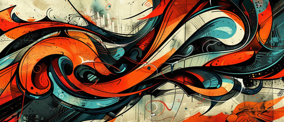 Swirling graffiti-style lettering accompanied by dynamic abstract shapes, adding energy and vibrancy to the urban landscape.