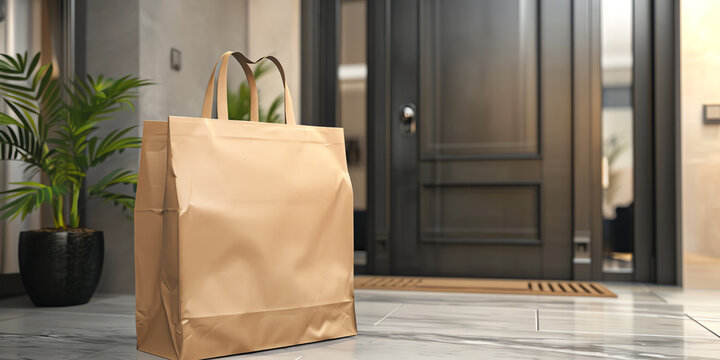Paper bag with food delivery in front of apartment door. Generative AI