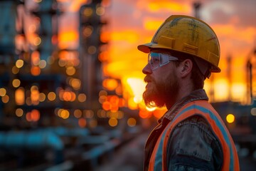 A male construction worker in reflective vest and hardhat overlooks a buzzing industrial complex bathed in sunset hues - obrazy, fototapety, plakaty