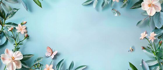 pastel blue background copy space with minimalist flowers, butterfly and plants on the edges