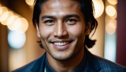 Naklejka premium A person in a suit smiles at the camera against a bright background
