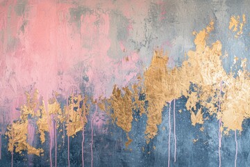 The abstract picture of the gold, pink and blue colour that has been painted or splashed on the white blank background wallpaper to form the random shape that cannot be describe yet beautiful. AIGX01.