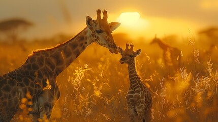 a mother giraffe and her calf, as they share a tender embrace amidst the vast expanse of the African plains, in stunning full ultra HD realism.