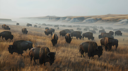 Herd of majestic bison grazing on vast, windswept prairie