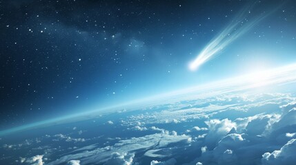 A mesmerizing scene of a bright comet streaking across the starry sky above Earth's serene, cloudy atmosphere.