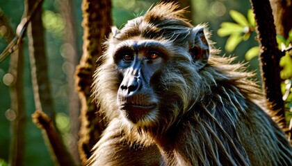   A monkey is clearly visible in front of a focused tree with a blurred background