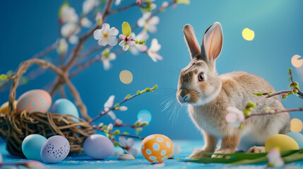 Fototapeta na wymiar Springtime Bunny with Easter Egg Nest Under Blossoming Branches