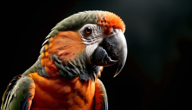   A sharp close-up of a vibrant parrot against a dark background, with a clear picture of its distinct head