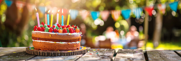 Birthday cake on a wooden table on sunny garden background. Summer birthday party on backyard with garland and cake. Generative AI