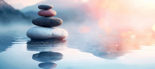 Zen stones embraced by sunset reflections in peaceful waters create a serene and tranquil scene - obrazy, fototapety, plakaty