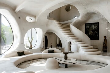 a round-shaped white villa living room with deformation art influences and monochrome sculptor style elements