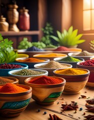 Fototapeta premium Vibrant Spice Collection: Colorful Bowls on Wooden Table in Garden Setting