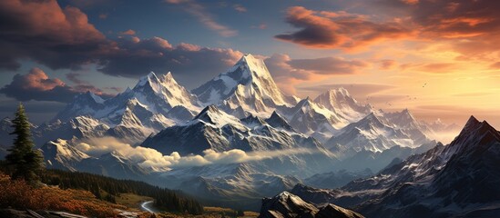 Beautiful panoramic view of Himalaya mountains at sunset.