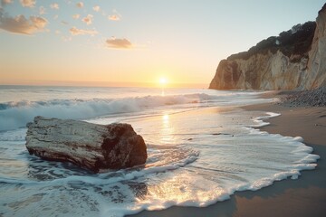 The golden hour sun washes over a rugged beach, illuminating a large driftwood and casting a warm...