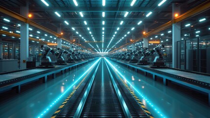 Fototapeta premium Robotic arms operating on a production line in a high-tech manufacturing facility, showcasing advanced automation and precision engineering.