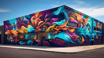 Vibrant colors and intricate lines converge in a street art masterpiece, where graffiti-style lettering stands out amidst a backdrop of dynamic abstract shapes,