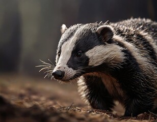    a badger strolling on a dirt path surrounded by trees in the background