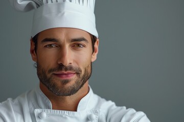 Portrait of a professional chef with a confident look, wearing his white uniform and iconic chef's hat