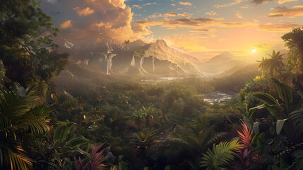 Majestic Eden's Timeless Sunrise: A Unified Tapestry of Thriving Flora and Fauna - obrazy, fototapety, plakaty
