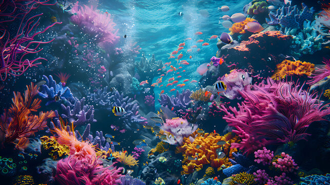 Intricately patterned coral reef teeming with vibrant sea life