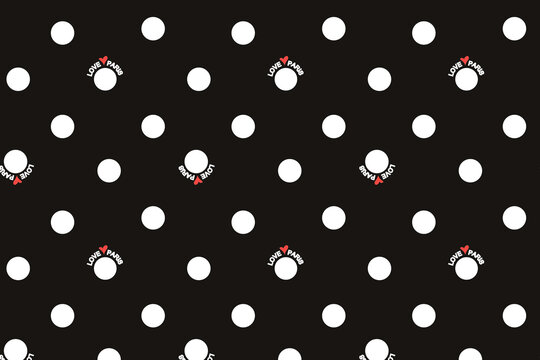 Seamless pattern. Small white circles on a black background. I Love Paris. Red heart. Flyer background design, advertising background, fabric, clothing, texture, textile pattern.