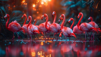 colorful display of a flock of flamingos, wading gracefully through the shallow waters of a tranquil lagoon, their vibrant plumage casting a mesmerizing reflection