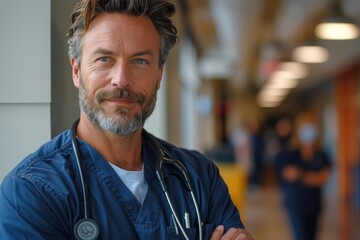Handsome doctor in blue scrubs stands in a hospital with confidence and calm demeanor