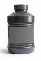 Black plastic canister for engine oil without label highlighted on a white background