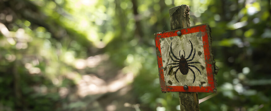 Sign in the summer forest with a park with the inscription Attention! Ticks! Alerting visitors of the risk of tick infestation. Danger of ticks. Generative AI
