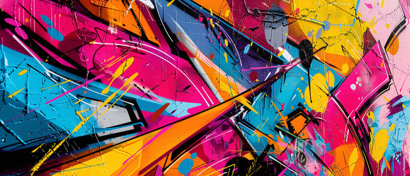 Vibrant colors explode across a city wall, as bold graffiti-style lettering and dynamic abstract shapes converge to create a captivating urban artwork.