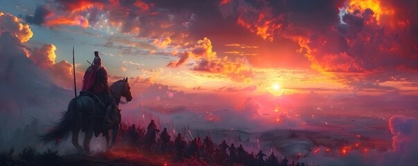 Heroic Chinese Soldier Silhouetted Against Vibrant Twilight Army Scene