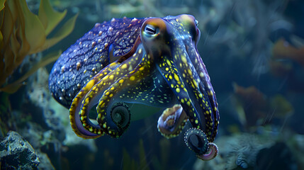 Intriguing cuttlefish changing colors to blend with its surroundings underwater