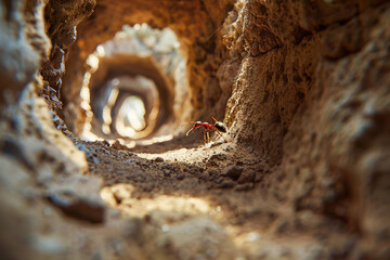 A close up of an ant moving purposefully along the narrow pathways inside its underground lair with a backdrop of natural earthen architecture