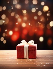 A red gift box with a bow on top of wooden table. Generative AI.