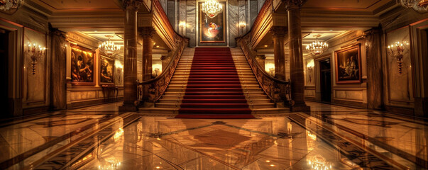 Grand hotels Art Deco staircase enveloped in opulence with a marble floor elegant red carpet rich paintings - obrazy, fototapety, plakaty