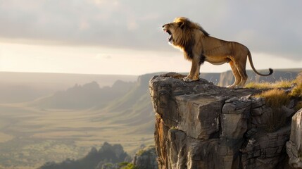 Majestic lion roaring atop a cliff a powerful moment captured for a wildlife photography documentary - obrazy, fototapety, plakaty