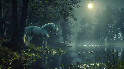 Realistic image of a solitary white unicorn beside a crystal clear lake its reflection shimmering under the moonlight - obrazy, fototapety, plakaty