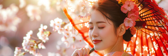 Young Japanese woman wearing traditional national dress during her stroll in blooming sakura garden. Asian girl in kimono. Generative AI