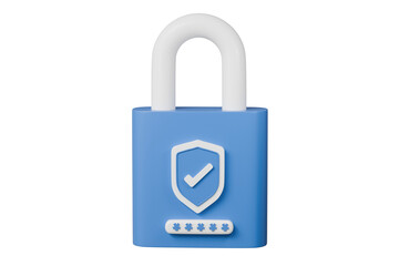 3d Lock and shield with checkmark and password icon. Security protection concept. Data protection, private access. Minimal cartoon blue padlock with shield isolated on purple background. 3d rendering.