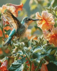 Fototapeta premium A hummingbird hovering over a flower with its wings spread. Generative AI.