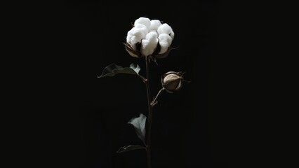 A hyper-realistic single boll of cotton on a black background	 - obrazy, fototapety, plakaty