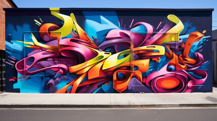 Vibrant graffiti-style lettering dances alongside abstract forms in a street art mural, transforming an ordinary city wall into a vibrant canvas of creativity and expression.