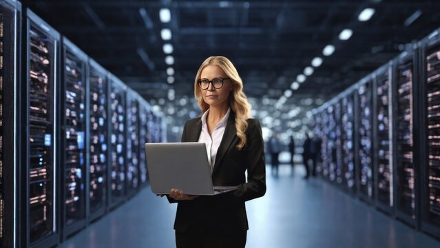 In a 3D graphics concept, envision the Chief Technology Officer of a big data center standing in a warehouse, activating servers to initiate information digitalization. This scene symbolizes the utili