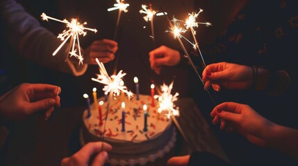 High-angle shot of hands holding sparklers around a birthday cake with lit candles in a dimly lit room, creating a warm, celebratory atmosphere