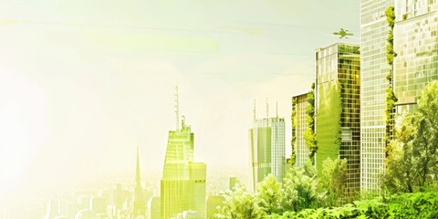 Sustainable city concept, merging urban skyline with green forestry, ideal for environmental campaigns and urban development projects.