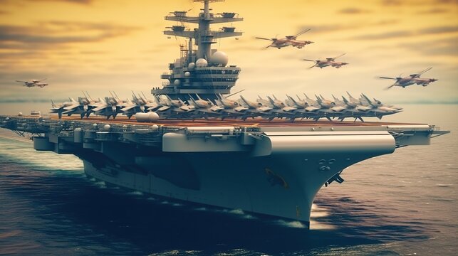 aircraft carrier at sunset.